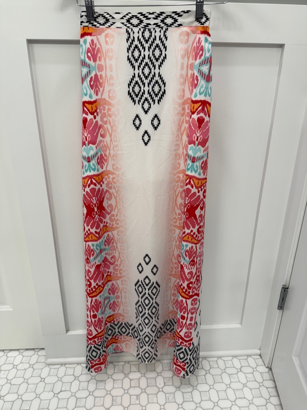 bebe Boho Maxi Skirt with Red, Pink, Turquoise and Black Pattern